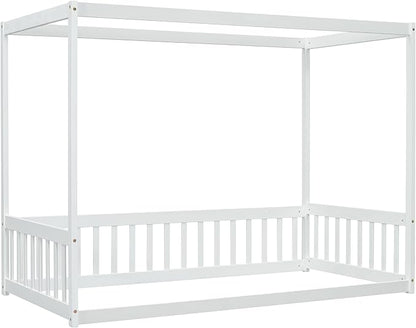 Twin Size Canopy Bed Frame with Guardrails for Kids,Floor Bed Twin with Four Poster Design,Kids Montessori Floor Bed,Wood Canopy Bed Frame for Girls,Boys(Twin,White) - LeafyLoom