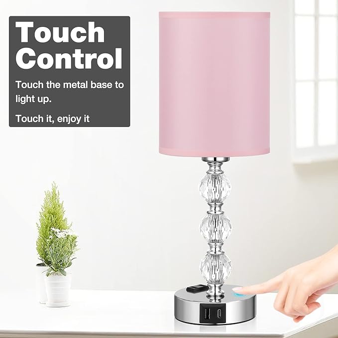 Pink Touch Bedside Lamps for Bedrooms - Crystal Table Lamp with USB C+A Charging Port and AC Outlet Nightstand, 3 Way Dimmable Silver Small End Side Table Lamp for Living/Guest/Dinning Room/Kitchen - LeafyLoom