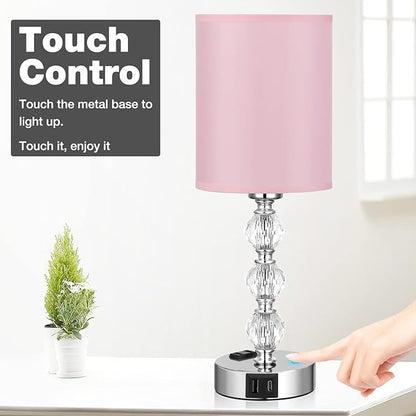 Pink Touch Bedside Lamps for Bedrooms - Crystal Table Lamp with USB C+A Charging Port and AC Outlet Nightstand, 3 Way Dimmable Silver Small End Side Table Lamp for Living/Guest/Dinning Room/Kitchen - LeafyLoom