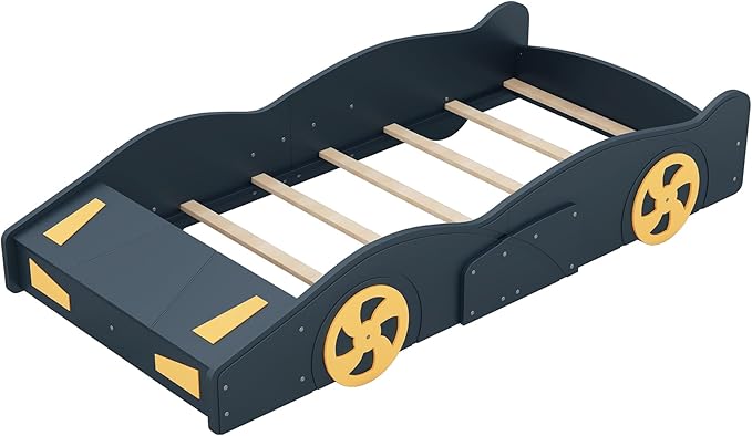 Twin Size Race Car Bed for Kids, Car-Shaped Bed Frame with Wheels and Storage Footboard for Boys, Wood Slats Support,No Box Spring Needed, Dark Blue+Yellow - LeafyLoom