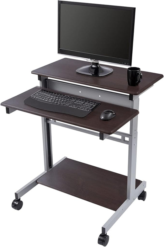 Stand Up Desk Store Rolling Adjustable Height Two Tier Standing Desk Computer Workstation (Silver Frame/Dark Walnut Top, 32" Wide) - LeafyLoom