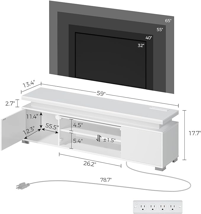 Rolanstar TV Stand with LED Lights & Power Outlet, Modern Entertainment Center for 32/43/50/55/65 Inchs TVs, Table, Universal Gaming Media Stand Storage Cabinet and Large Storage, White - LeafyLoom