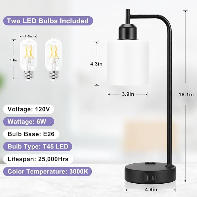 Industrial Touch Bedside Lamps for Bedrooms Set of 2 - 3-Way Dimmable Nightstand Lamps with USB C+A Ports and Outlet, Table Lamps with Opal Glass Shade for Living Room, Desk Lamps for Home Office - LeafyLoom