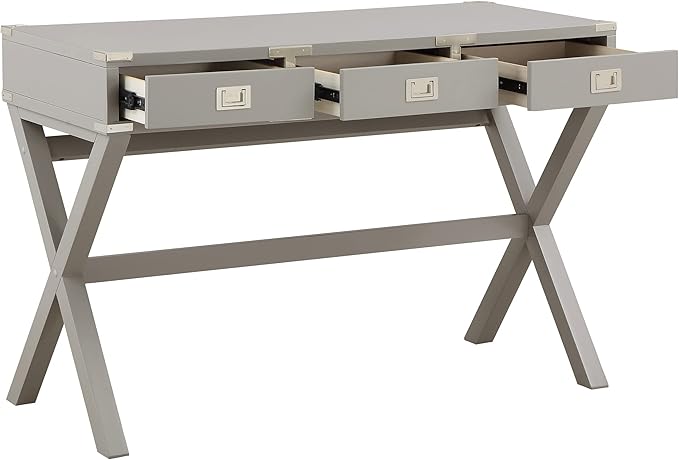 OSP Home Furnishings Wellington 46-Inch Writing Desk with Power Hub and 3 Storage Drawers, Grey - LeafyLoom