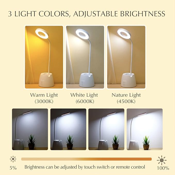 Desk Lamp, Desk Lamps for Home Office, Led Touchable Light, Remote Controlled, Dimmable, 3 Color Modes, Gooseneck, Small White Lamp, Led Table Light, Dorm Lamp, Rechargeable Study Table Lamp - LeafyLoom