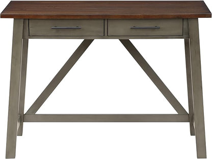 OSP Home Furnishings Milford Rustic 42 Inch Writing Desk with 2 Drawers and Burnished Decorative Hardware, Slate Gray - LeafyLoom