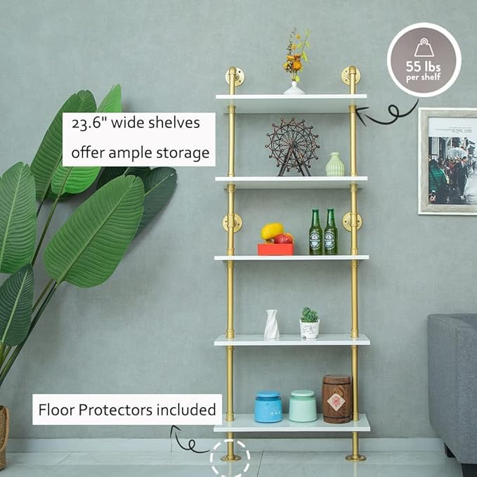 5 shelf Modern Gold Bookshelf, Wall Mount White Bookcase, Ladder Shelf with Metal Frame, Display Shelf Shelves for Living Room/Home/Office - LeafyLoom