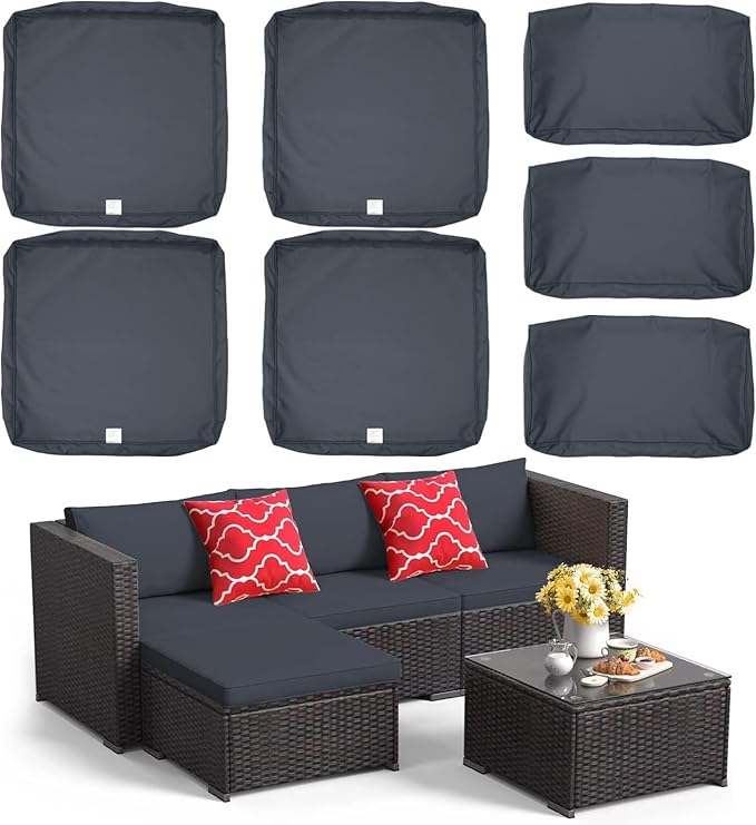 ClawsCover 7Pack Outdoor Seat and Back Cushions Replacement Covers Fit for 3/5 Pieces 4-Seater Wicker Rattan Patio Furniture Conversation Set Sectional Couch,Dark Gray-Large(Include Cover Only) - LeafyLoom