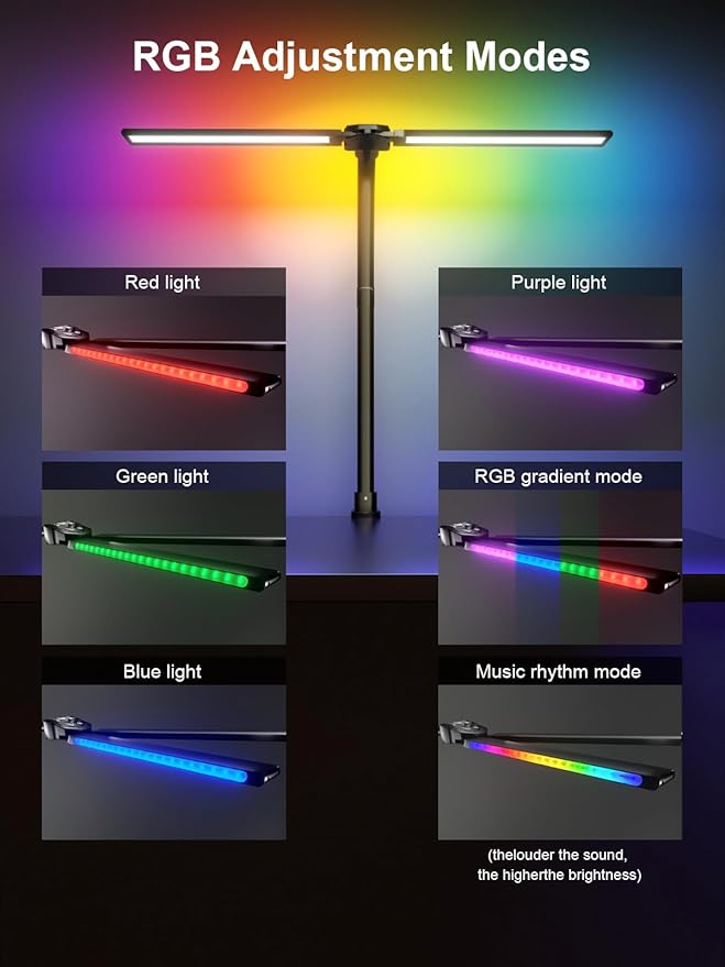 RGB Double Swing Arm Desk Lamp - 24W Ultra Bright Auto Dimming Desk Light, Multi-Angle Adjustment, Touch Control Desktop Lamp- Ideal for Home Office, Gaming, Reading, Work - LeafyLoom