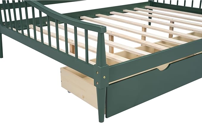 Full Size Daybed with Two Drawers,Solid Wood Storage Bed Frame W/Wooden Slat Support,Guide Rail Design on Three Sides,Easy to Assemble,for Bedroom Living Room,Green - LeafyLoom