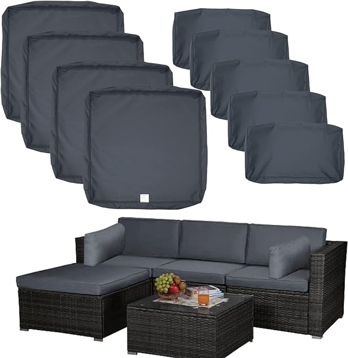 ClawsCover 9Pack Outdoor Seat and Back Cushions Replacement Covers Fit for 5 Pieces 4-Seater Wicker Rattan Patio Conversation Set Sectional Couch Furniture,Dark Gray-Include Covers Only (Large) - LeafyLoom