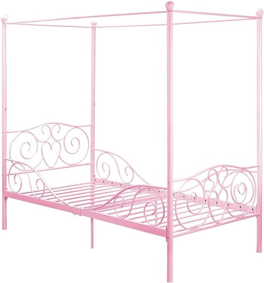 DHP Metal Canopy Kids Platform Bed with Four Poster Design, Underbed Storage Space, No Box Sring Needed, Twin, Pink - LeafyLoom