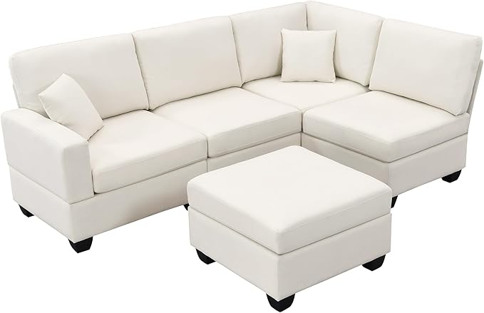 89.8" Modern Sectional Sofa with Convertible Ottoman and 2 Pillows,L-Shape Linen Fabric Corner Couch 5 Set W/Back & Cushion,can Hold up to 330 Lbs,for Apartment,Living Room,Beige - LeafyLoom