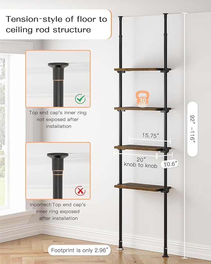 ALLZONE Adjustable Tall Narrow Bookshelf for Bedroom,4-Tier Ladder Bookshelf for Small Spaces,Tension Mount Small Book Shelf and Tall Bookcases, 64 to 113Inch Height Skinny Bookshelf with Open Storage - LeafyLoom