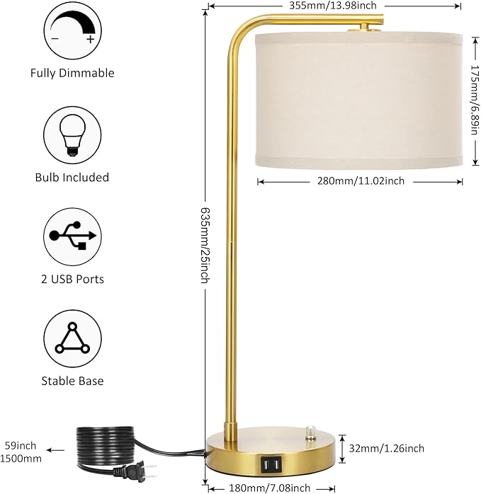 Fully Dimmable Bedside Lamp with Dual USB Ports, Mordern Gold Nightstand Lamp Desk Reading Lamp with Beige Drum Shade, Tall Side Table Lamp for Living Room Bedroom Office, 9W LED Bulb Included - LeafyLoom