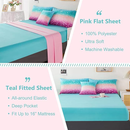 PERFEMET Queen Comforter Set with Sheets, 6 Pieces Tie Dye Rainbow Girls Bedding Set, Gradient Glitter Colorful Ombre Bed in A Bag (Aqua Teal Purple, Queen) - LeafyLoom