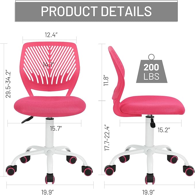 Desk Chair Armless Small Study Chairs Armless for Child Kids Teens, Ergonomic Swivel Rolling Lightweight Task Chair with Wheels and Mesh Padded Cushion, Pink - LeafyLoom