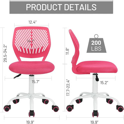 Desk Chair Armless Small Study Chairs Armless for Child Kids Teens, Ergonomic Swivel Rolling Lightweight Task Chair with Wheels and Mesh Padded Cushion, Pink - LeafyLoom