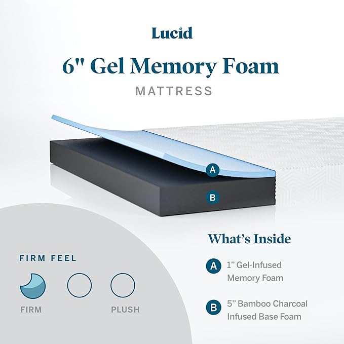 Lucid 6 Inch Memory Foam Mattress - Firm Feel - Gel Infusion - Memory Foam Infused with Bamboo Charcoal - Breathable - CertiPur Certified - Twin XL - LeafyLoom