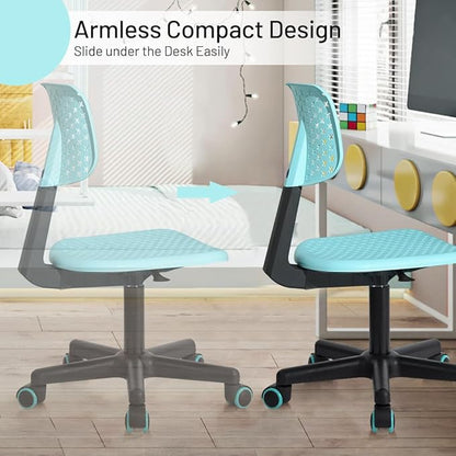 Desk Chair Armless Cute Office Chair, Low Back Rolling Home Office Task Chair Adjustable Swivel Study Chair for Girls Teens Adults Children Kids, Turquoise - LeafyLoom