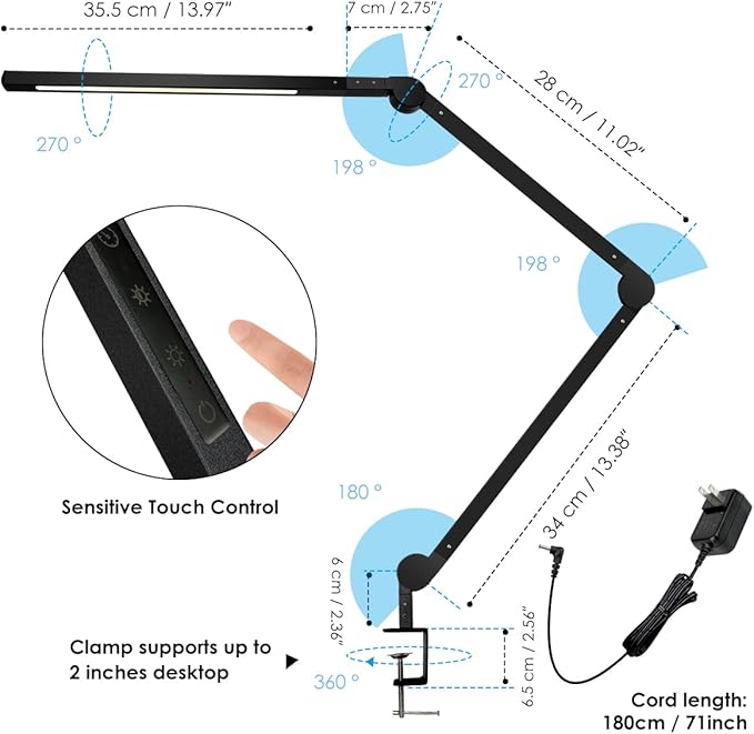 Desk Lamp with Clamp | Swing Arm Desk Light | Eye Caring Table Lamp, Dimmable, 5 Color Modes, Memory, Timer | Modern Architect Desk Lamps for Home Office Study Work Task Drafting Workbench - LeafyLoom