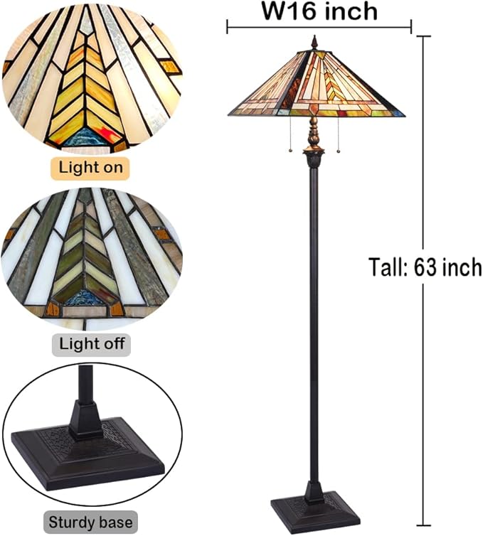 Tiffany Floor Lamp for Living Room 2 Lights Mission Style Stained Glass Reading Floor Light Antique Standing Tall Lamp for Bedroom Office - LeafyLoom