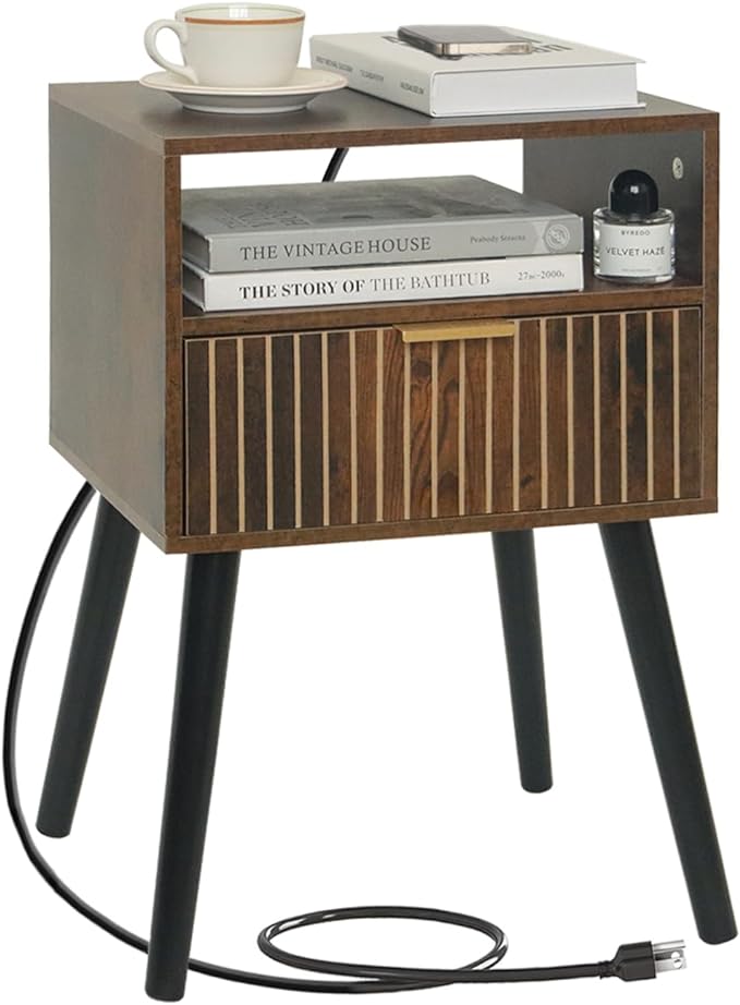 Mid Century Modern Nightstand with Charging Station, Wood Bedside Table with Drawer, Modern End Table for Bedroom and Small Spaces, Easy Assembly, Rustic Brown and Black - LeafyLoom