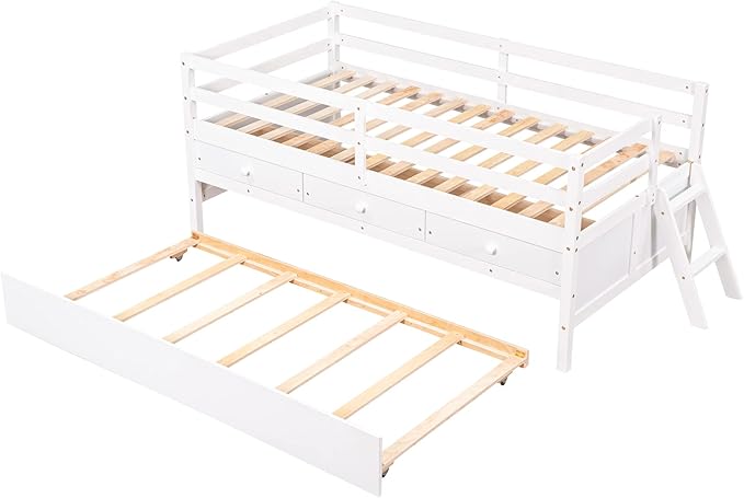 Merax Twin Modern Wood Daybed with Trundle Bed and Drawers Sofa Bed Frame for kids Boys Girls/No Box Spring Needed White - LeafyLoom