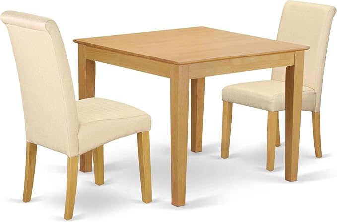 East West Furniture OXBA3-OAK-02 Oxford 3 Piece Room Furniture Set Contains a Square Dining Table and 2 Light Beige Linen Fabric Parsons Chairs, 36x36 Inch - LeafyLoom