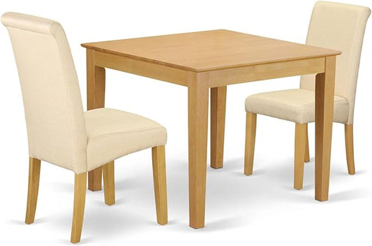 East West Furniture OXBA3-OAK-02 Oxford 3 Piece Room Furniture Set Contains a Square Dining Table and 2 Light Beige Linen Fabric Parsons Chairs, 36x36 Inch - LeafyLoom