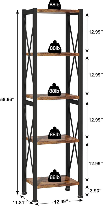 5-Tier Narrow Bookshelf, Ladder Bookshelf, Tall Bookshelf for Bedroom with Open Shelves, Office Bookshelf, Industrial Standing Bookshelf for Bedroom, Living Room and Home Office - LeafyLoom