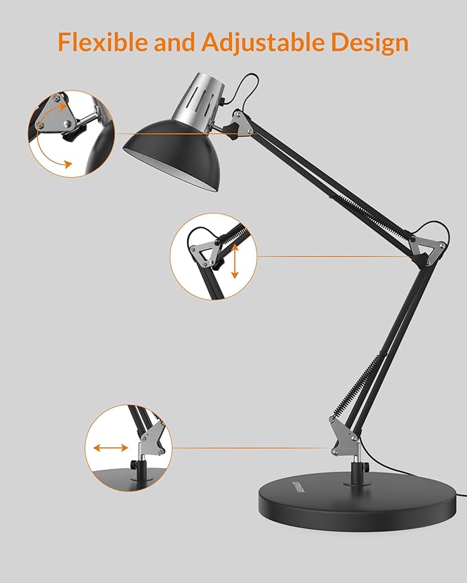 LEPOWER Metal Desk Lamp, Adjustable Goose Neck Architect Table Lamp with On/Off Switch, Swing Arm Desk Lamp with Clamp, Eye-Caring Reading Lamp for Bedroom, Study Room &Office (Black) - LeafyLoom