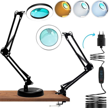 Magnifying Glass with Light and Stand, Desk Ring Light, 3 Color Modes Stepless Dimmable, Desk Lamp, Clamp Light, Office Desk Lamp for Close Work, Repair, Reading, 12w, Adjustable Desk Lamp - LeafyLoom