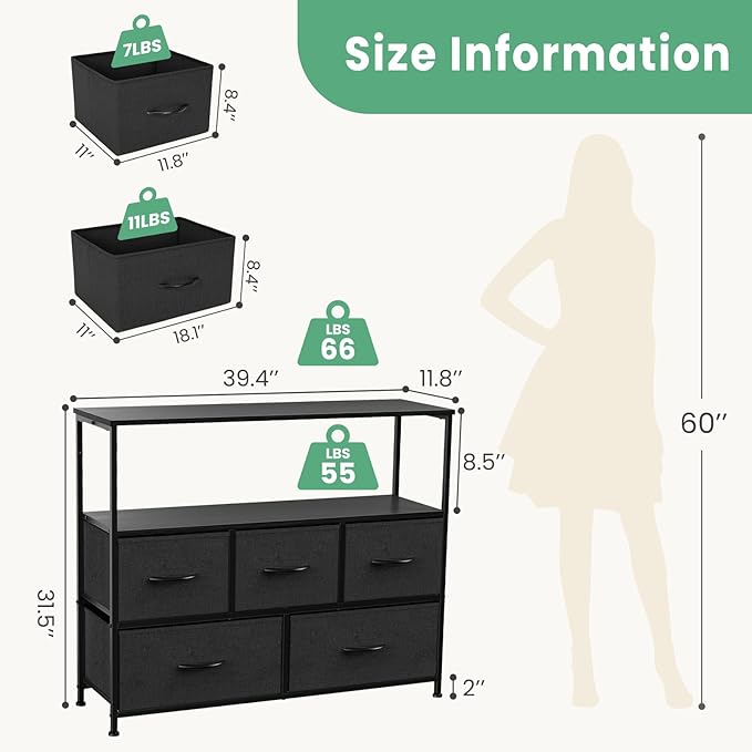 ANTONIA TV Stand Dresser for Bedroom with 5 Fabric Drawer,Entertainment Center for 45 inch Television, Media Console Table with Storage, Open Shelf, Adjustable Feet, Living Room Furniture, Black - LeafyLoom