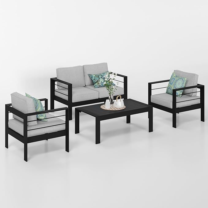 Solaste Outdoor Aluminum Furniture Set - 4 Pieces Patio Sectional Chat Sofa Conversation Set with Table,Black Frame and Grey Cushion - LeafyLoom