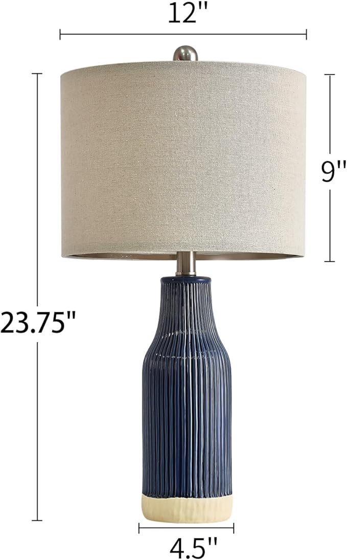 23.75" Modern Blue Ceramic Table Lamp Set of 2 for Living Room, Farmhouse Bedside Nightstand Lamp for Bedroom Home Office Dorm - LeafyLoom