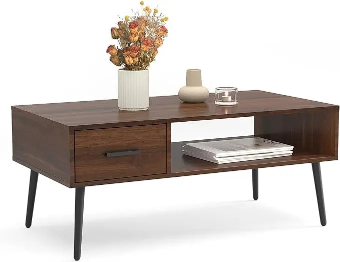 HAIOOU Coffee Table, Mid Century Modern Style Cocktail Table TV Stand with Drawer, Open Storage Shelf, Stable Floor-Anti-Scratching Pine Leg for Home, Office, Living Room - Walnut - LeafyLoom