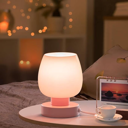 Touch Bedside Table Lamp - Modern Small for Bedroom Living Room Nightstand,Desk lamp with White Opal Glass Shade,Warm LED Bulb Included,3 Way Dimmable, Simple Design, Pink - LeafyLoom