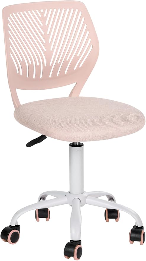 Desk Chair Small Armless, Comfy Home Office Chair with Fabric Seating Cushion and Plastic Low-Back, Adjustable Swivel Study Computer Task Chair for Student Children Kids with Rolling Wheels, Pink - LeafyLoom