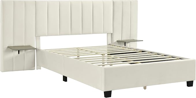 Queen Upholstered Platform Bed Frame with Extended Headboard and and Two Shelves, Velvet Bed, No Box Spring Needed, Beige - LeafyLoom