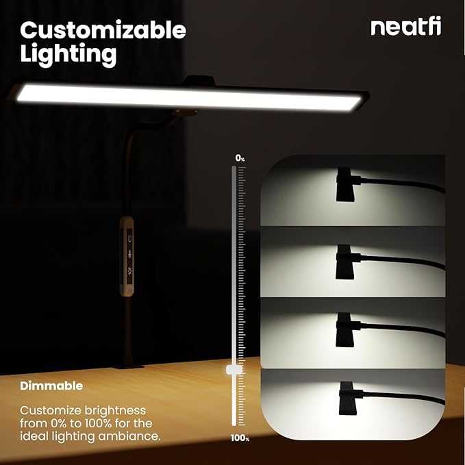 Neatfi Modern Desk Lamp with Clamp, Touch & Remote Controlled, 15W, Adjustable Color Temperature (3000K-6000K), Stepless Dimming, Flicker-Free, Wide-Angle Lighting for Home (Gooseneck, Black) - LeafyLoom