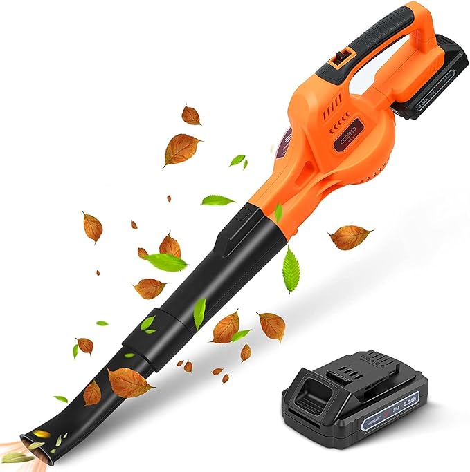 20V Cordless Leaf Blower with Battery and Charger, Leaf Blower Battery Operated, Rechargeable Electric Handheld Leaf Blower Variable Speed with 2 Tubes for Patio, Leaves Blowing-Orange - LeafyLoom