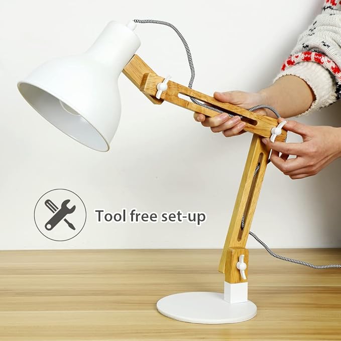 DINGLILIGHTING DLLT Swing Arm Desk Lamp, Wood Adjustable Gooseneck Table Lamp, Modern Architect Desk Light, Reading Light for Work, Study, Bedroom, Home Office, White Metal Shade, E26 Bulb Included - LeafyLoom