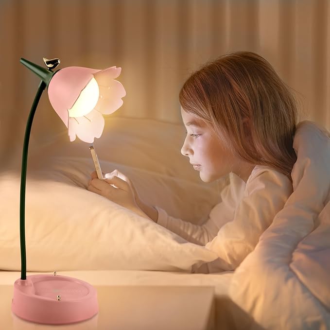 Himmel Flower Desk Lamp, Dimmable LED Kid Desk Lamp with 3 Colour Temperatures, Cordless Rechargeable Desk Lamp with Touch Sensor and Flexible Arm, USB Bedside Lamp for Reading, Learning - LeafyLoom