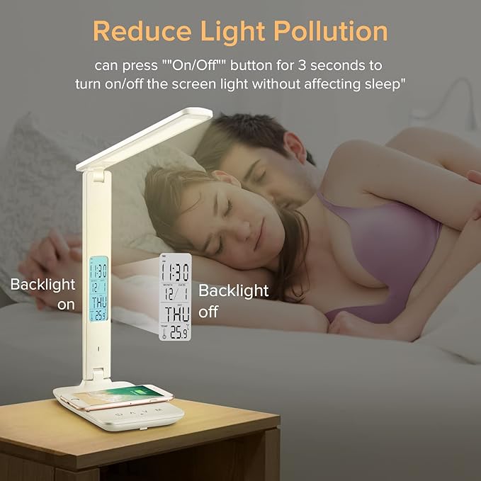 LAOPAO LED Desk Lamp with Wireless Charger, USB Charging Port, Adjustable Foldable Table Lamp with Clock, Alarm, Date, Temperature, 5-Level Dimmable Lighting, Office Lamp with Adapter, White - LeafyLoom