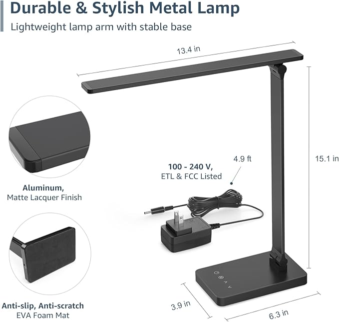 Lepro LED Desk Lamp with USB Charging Port Dimmable Home Office Touch Control Reading Table Lamp,3 Color Modes with 5 Brightness Level,College Dorm Room Essentials, Eye Caring, Sewing, Crafting, Black - LeafyLoom