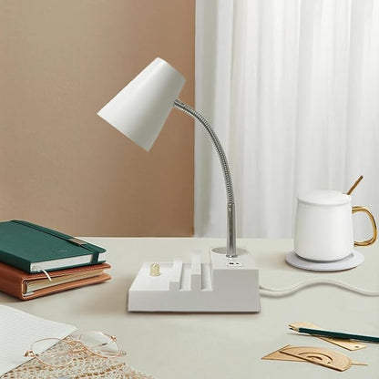 Study Desk Lamp with USB Charging and Type-C Night Light, Gooseneck LED Table Lamp Stepless Dimming Study Table Lamp with Pen Holder for College Dorm Bedroom and Office (White) - LeafyLoom