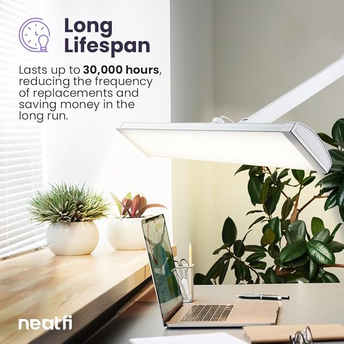 Neatfi Ultra 3,500 Lumen LED Desk Lamp, Color Correlated Temperature, 3 Light Modes, Dimmable, 45W, 26 Inch Wide Metal Shade, 540 SMD LEDs (CCT with Base, White) - LeafyLoom