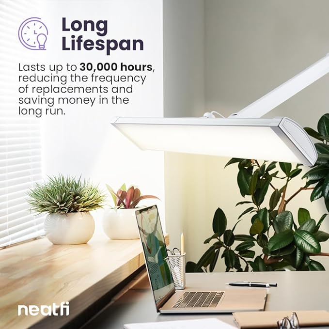 Neatfi Ultra 3,500 Lumen LED Desk Lamp, Color Correlated Temperature, 3 Light Modes, Dimmable, 45W, 26 Inch Wide Metal Shade, 540 SMD LEDs (CCT with Clamp, White) - LeafyLoom