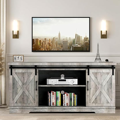 GAOMON Farmhouse TV Stand for 65 Inch TV Entertainment Center TV Media Console Cabinet, TV Stand with Storage, Barn Doors and Shelves, Tall Modern TV Console Table Furniture for Living Bedroom (Grey) - LeafyLoom